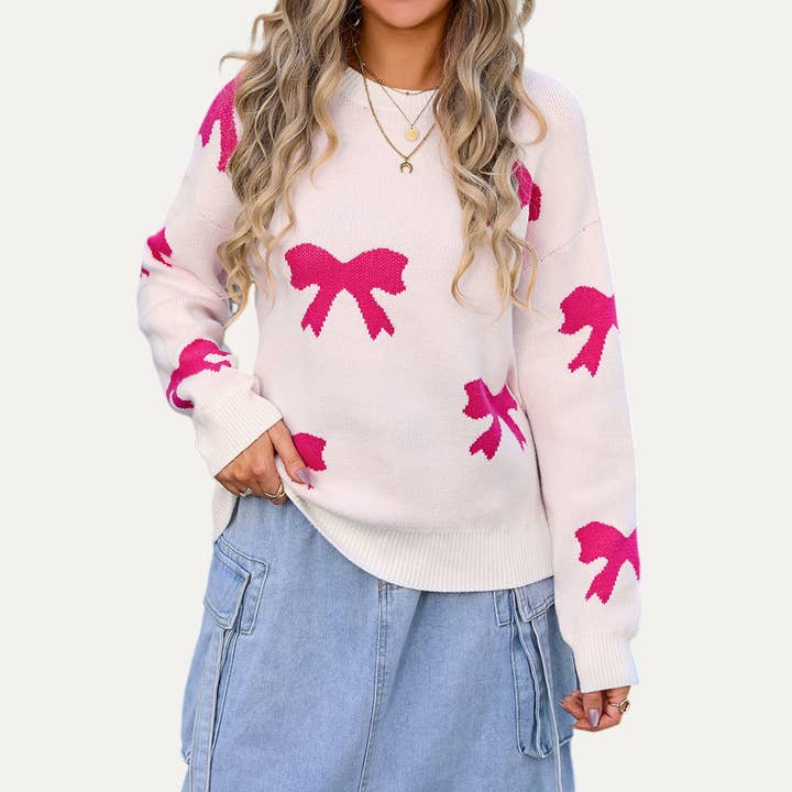Sweetest Bowknot Pattern Round Neck Long Sleeve Knit Sweater for wholesale by The Moment Collection
