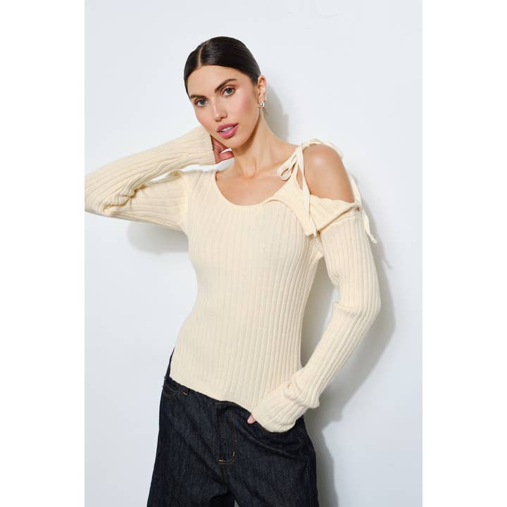 OATMEAL Cecily Tie Shoulder Asymmetrical Sweater for wholesale on Faire