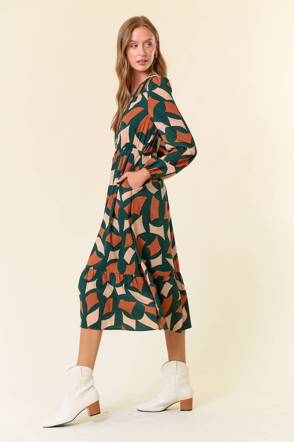 Doe and Rae - Wholesale Dress - Women's - Abstrct Print V-Neck Half Button Front Midi Dress - 27816D8
