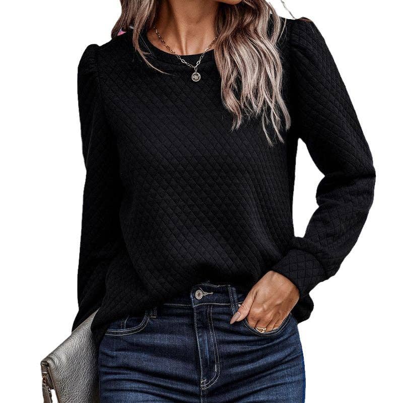 safistyle - Wholesale Sweatshirt - Women's - Plaid Round Neck Puff Sleeve Sweatshirt5