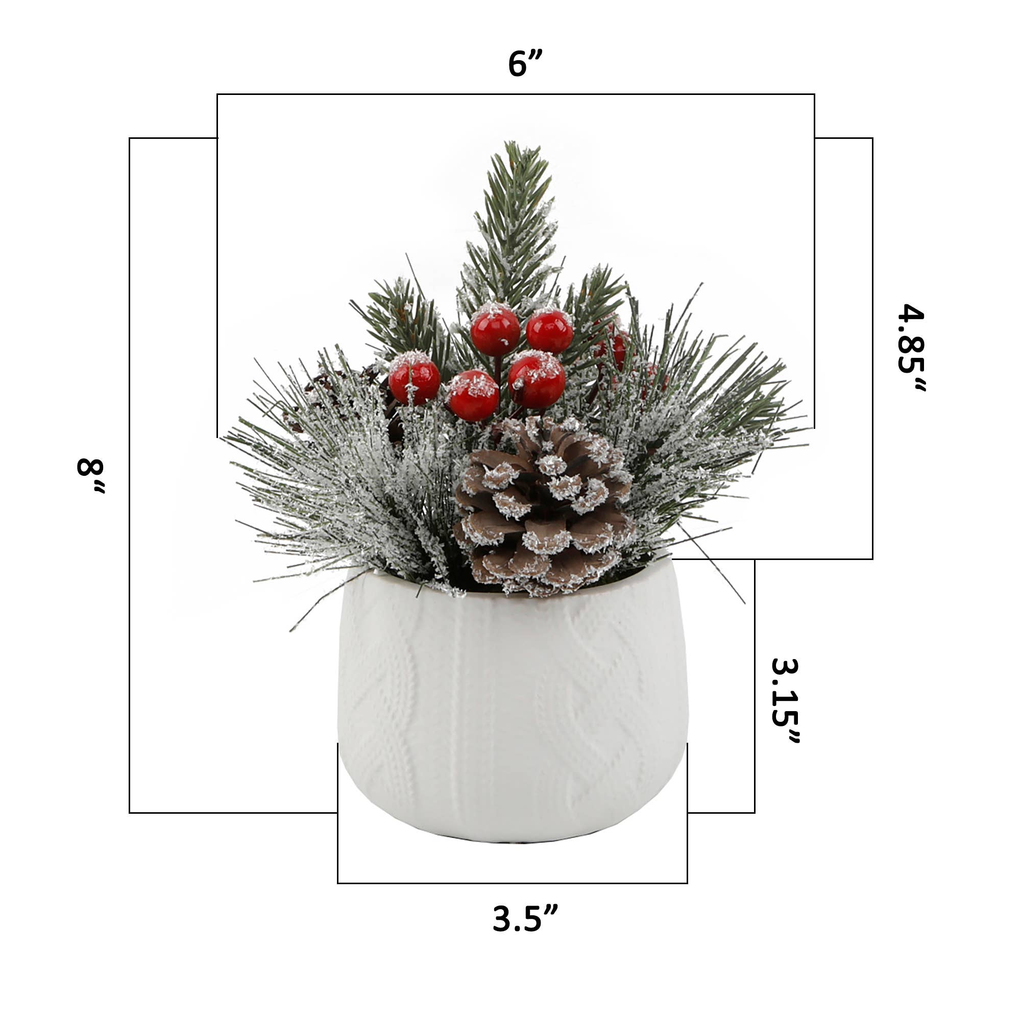 Flora Bunda Inc – wholesale Artificial plant – Frosted Pine & Berry Arrangement in White Knit Ceramic Pot1