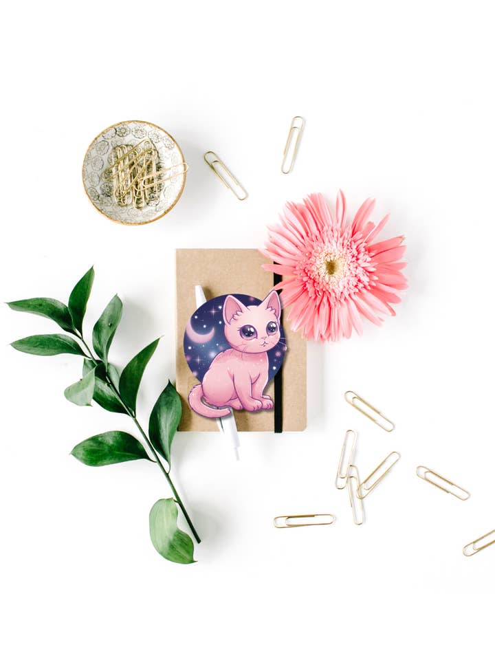 Pink Celestial Cat Sticker for wholesale by Rose Splash Creations