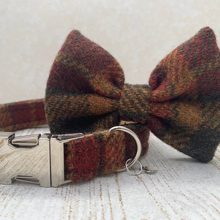 (Stornoway) Harris Tweed® Bow Tie Dog Collar - Chestnut & Mustard for wholesale by BOWZOS