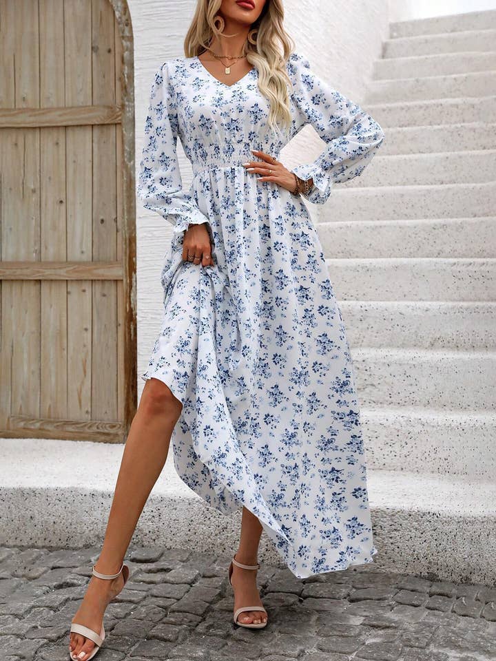WHITE FRENCH ELEGANT WINDLASS WAIST FLORAL LONG DRESS for wholesale on Faire2