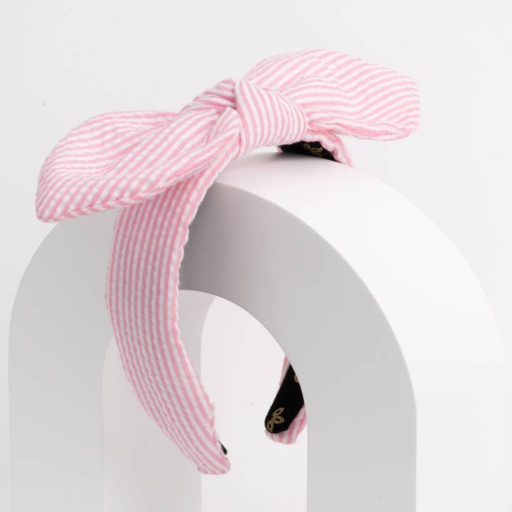 Watermelon Pink Seersucker Bow Headband for wholesale by La Bella