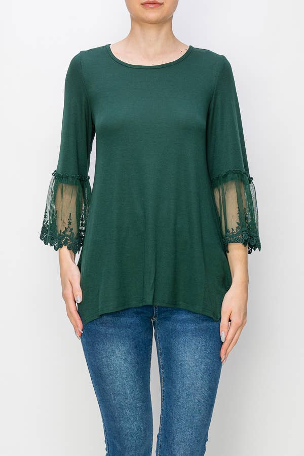 TUNIC TOP WITH LACE SLEEVE TRIMMINGS-4480HUNTER GREEN for wholesale on Faire2