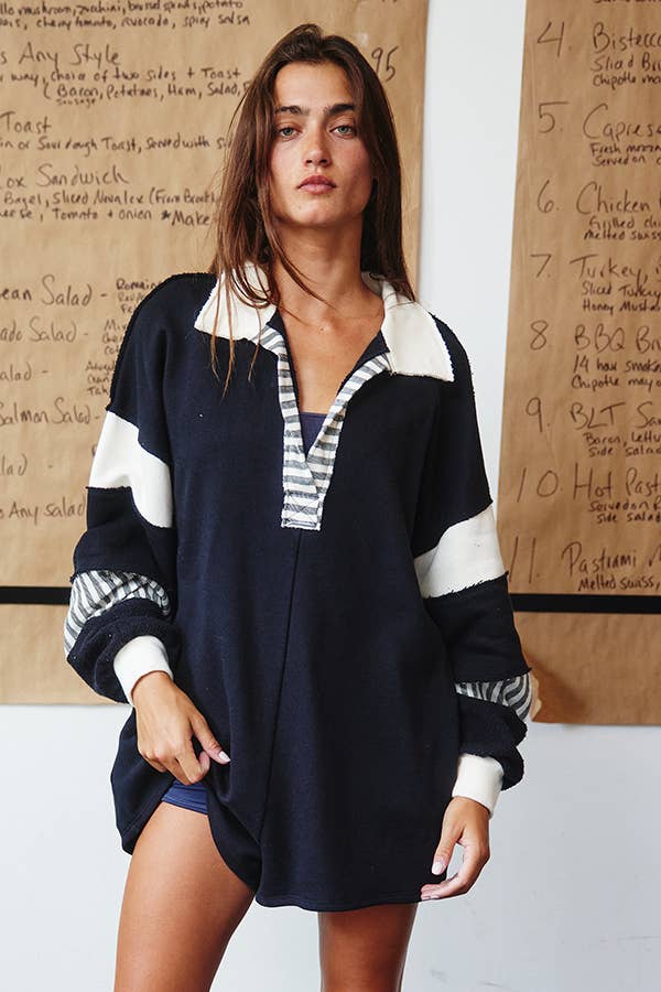 BUCKETLIST INC - Wholesale Romper - Women's - R5507A French Terry Color-block Collared Loose Fit Romper20