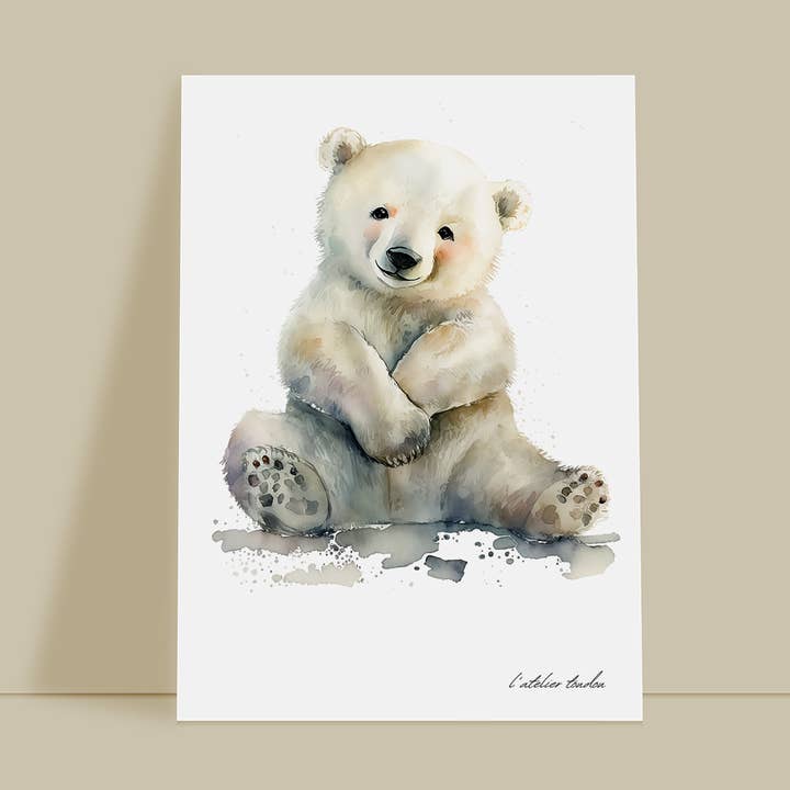 Polar bear baby room wall decor - realistic watercolor animal theme for wholesale by L'atelier Toudou