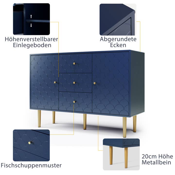 Urban Meuble - Wholesale Cabinet - High sideboard with 2 doors and 3 navy blue drawers with scale pattern H82/B120/T40 AIKETS15