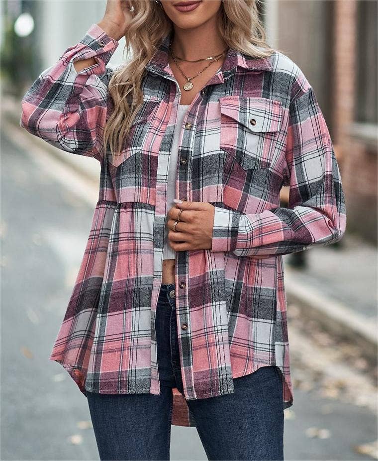 Rosa Clothing - Wholesale Button Down Shirt - Women's - Pocket long-sleeve plaid shirt jacket1