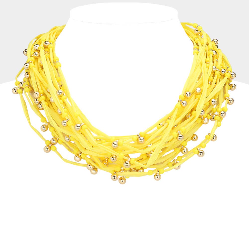 Sensibling Corp. - Wholesale Bib Necklace - Metal Ball Beads Pointed Raffia Thread Multi Layered Necklace6