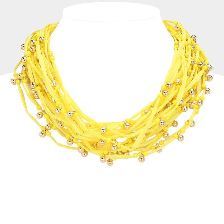 Sensibling Corp. - Wholesale Bib Necklace - Metal Ball Beads Pointed Raffia Thread Multi Layered Necklace6