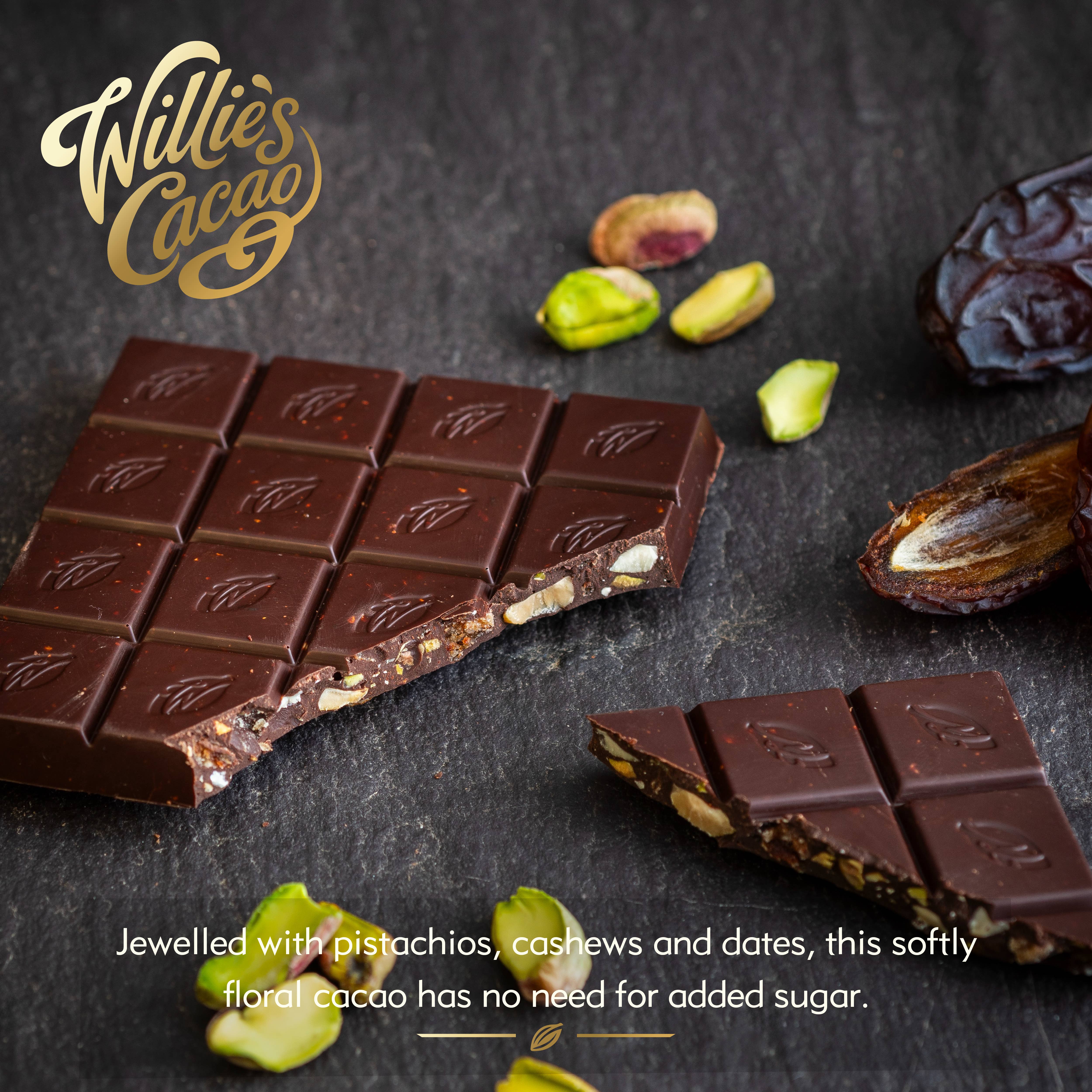 Willie's Cacao - Wholesale Chocolate Bar - Pistachio & Date. 100% cacao. No added sugar. Vegan. 50g bar2