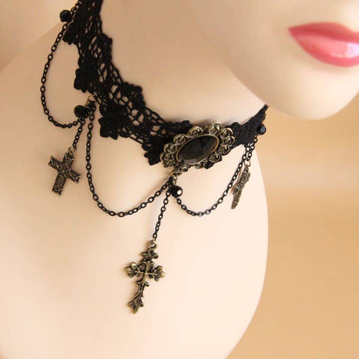 Black Delicate Chain Cross Gothic Laced Choker for wholesale on Faire