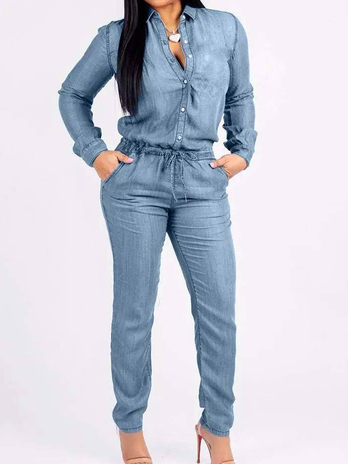 Combinaison en denim avec cordon de serrage et poches pour la vente par Queen Fashion