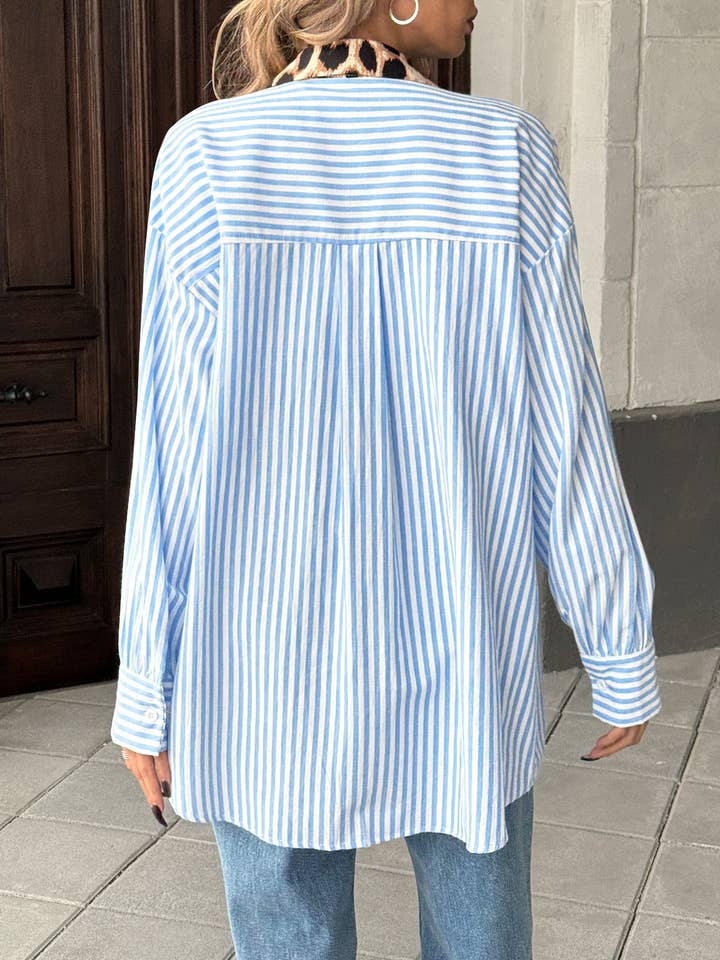 Blue Trendy Leopard Print Floral Print Striped Panelled Shirt for wholesale on Faire4