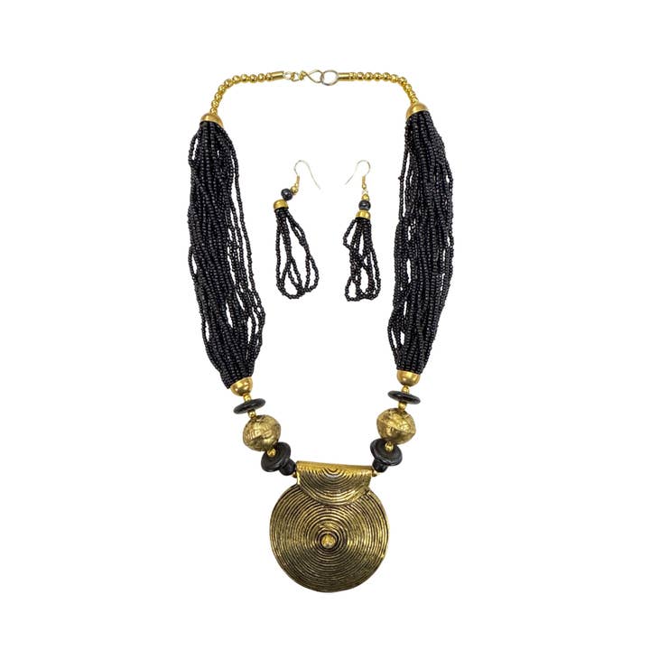 Black Beaded Necklace & Earring Set–Tribal Brass Medallion for wholesale by Treasure Jewelry