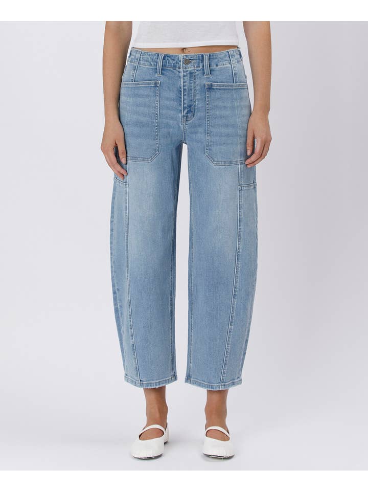 ACCOMPLISHMENTS SUPER HIGH RISE ELASTIC BAND BARREL JEANS F5831 for wholesale on Faire