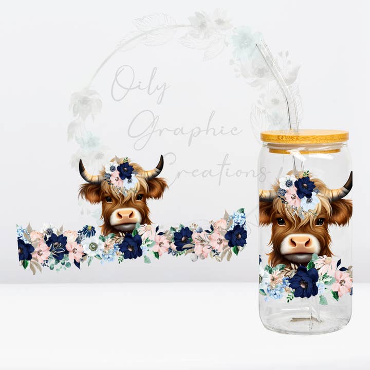 Cow with Flowers- 16oz UV DTF Wrap for wholesale by Oily Graphic Creations