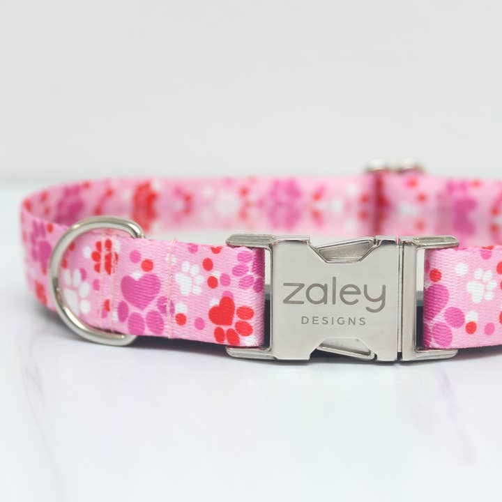 Pink Paw Print Hearts Valentines Webbing Dog Collar for wholesale by Zaley Designs