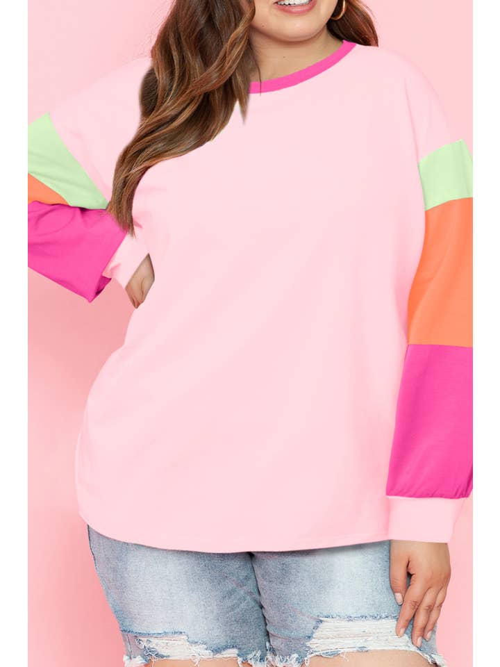 66DISCO - Wholesale T-Shirt - Women's - Color Block Round Neck Long Sleeve T Shirt (S-2XL)