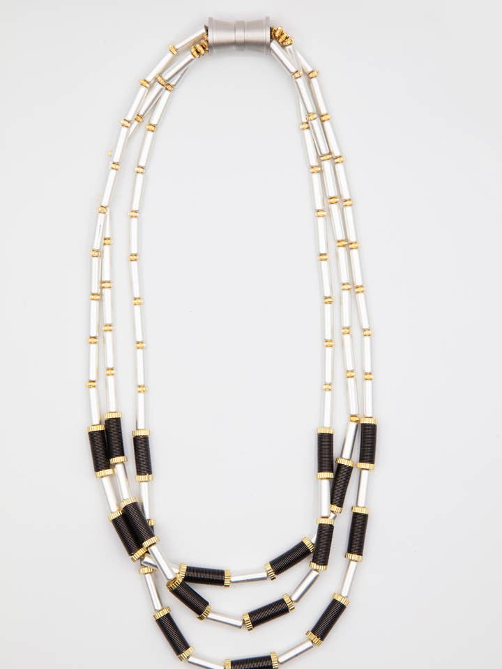 945Blk-Sil 3 Strand Black And Silver Tubes Necklace 0 25.00 for wholesale by Sea Lily