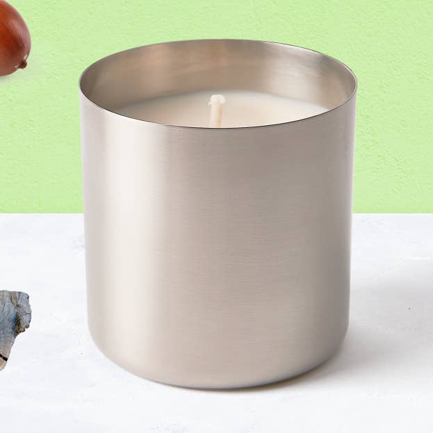 Oak + Teakwood Stainless Steel Candle for wholesale by Vim + Vigor Candle Co