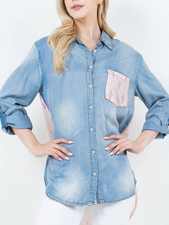 TOP A CONTRASTO A MANICHE LUNGHE CON COLLETTO E STAMPA CACTUS per la vendita all'ingrosso da parte di ROUSSEAU