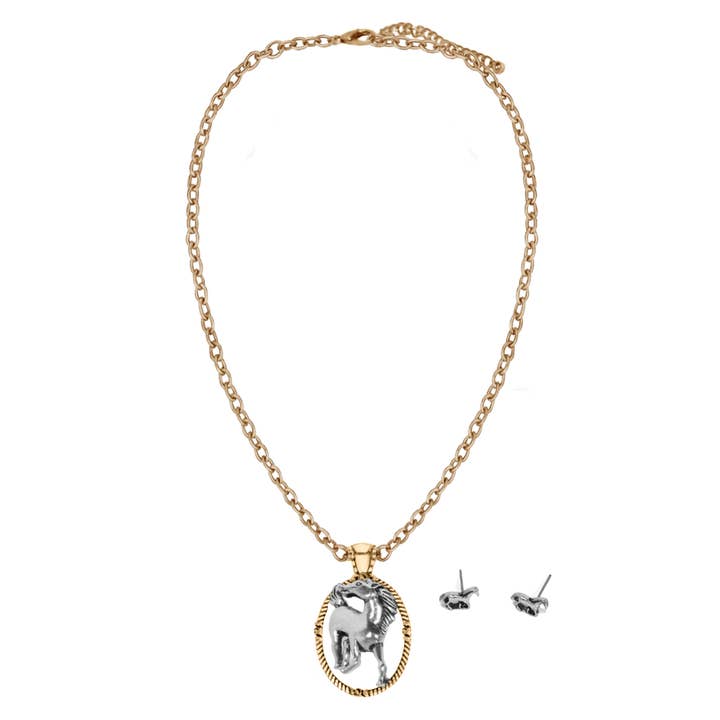 Western Horse Oval Pendant Necklace Set - Gold & Silver for wholesale by Western Express