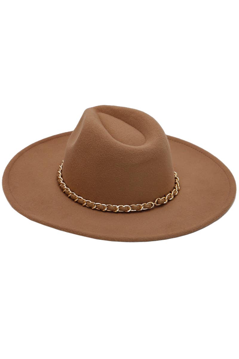 Cap Zone – Fedora - Mulher por atacado – Chapéu Rancher de Feltro com Aba Larga e Corrente Cubana Dourada em Couro Vegano15