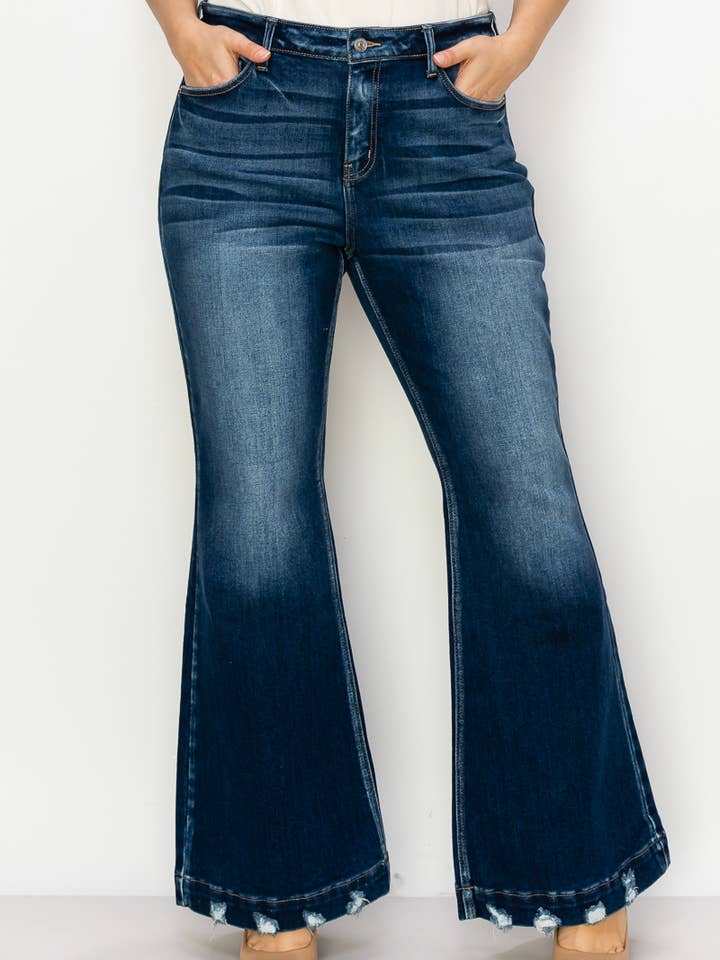 ARTEMIS VINTAGE - Wholesale Jeans - Women's - PLUS SIZE MID RISE SUPER FLARE W/ DISTRESSED WIDE HEM JEANS