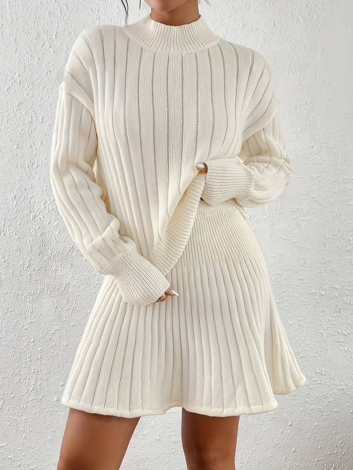 Milky Elegant Rib Knit Sweater Co-ords - Women's Long Sleeve Mock Neck Drop Shoulder Sweater & High Waist A-line Skirt Outfits with Solid Knitted Fabric, Comfortable Fit, and Chic Style for wholesale on Faire