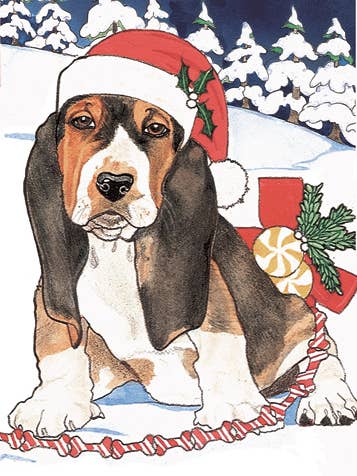 Basset Hound Wishes Christmas Cards Pack of 10 for wholesale by Pipsqueak Productions