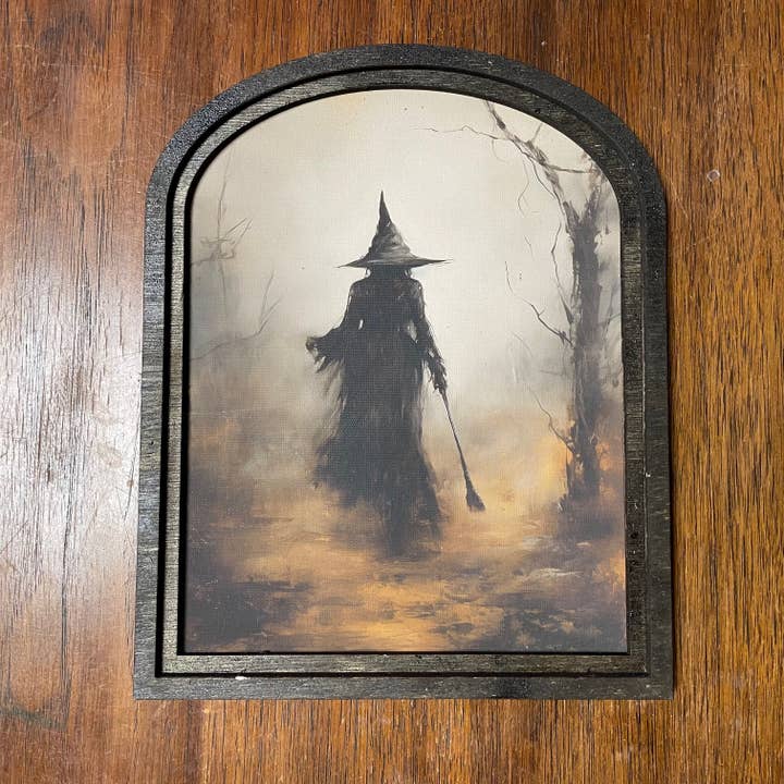 LAND OF COTTON - Wholesale Art Print - Witch in Forest with Broom in Small Arch Frame1