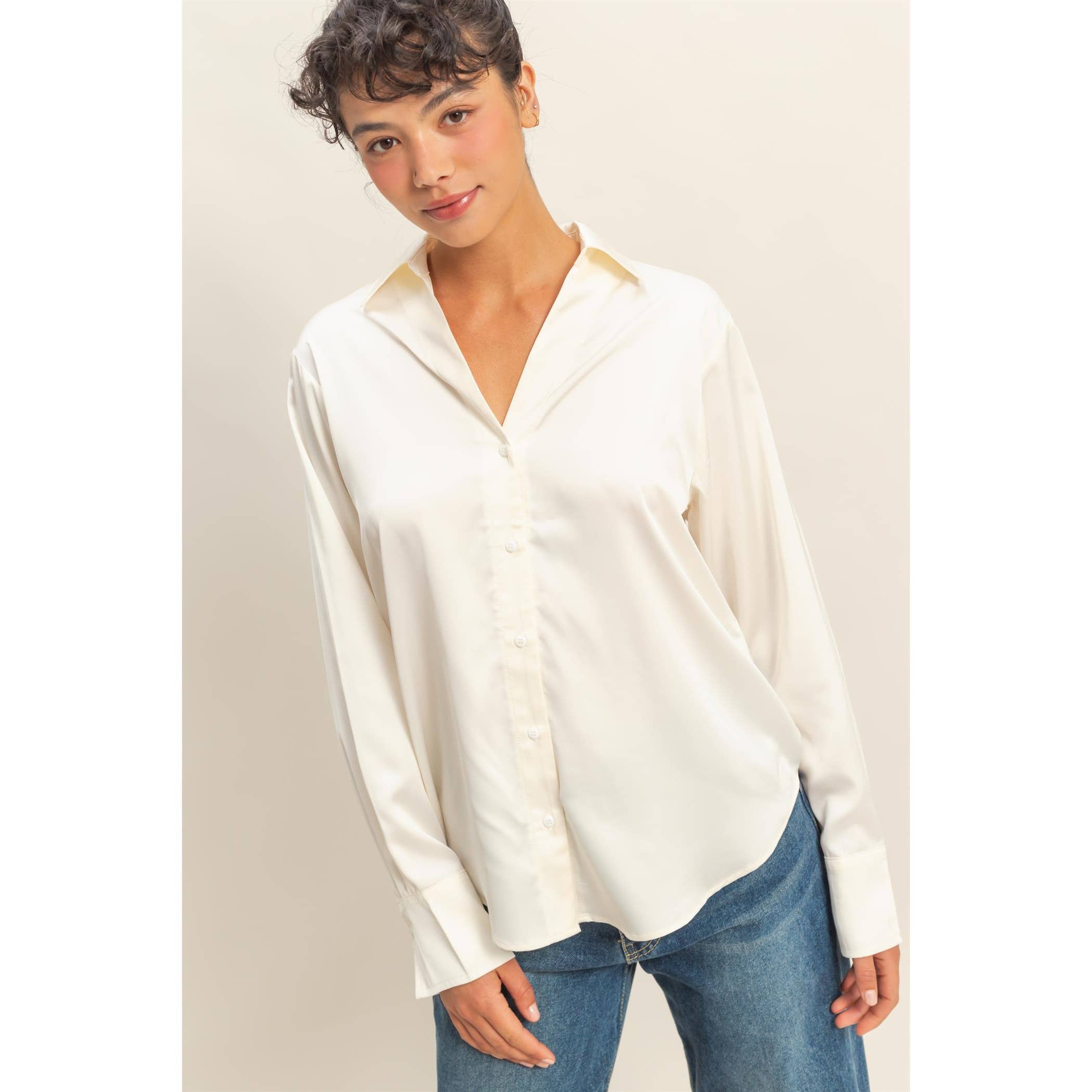 Double Zero - Wholesale Blouse - Women's - Button-Up Satin Shirt With Collared Neckline4
