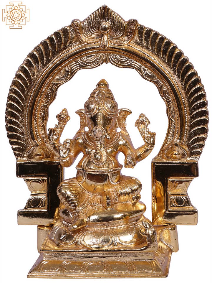 Seigneur Ganapti assis en laiton de 9 po avec trône pour la vente par Exotic India Art