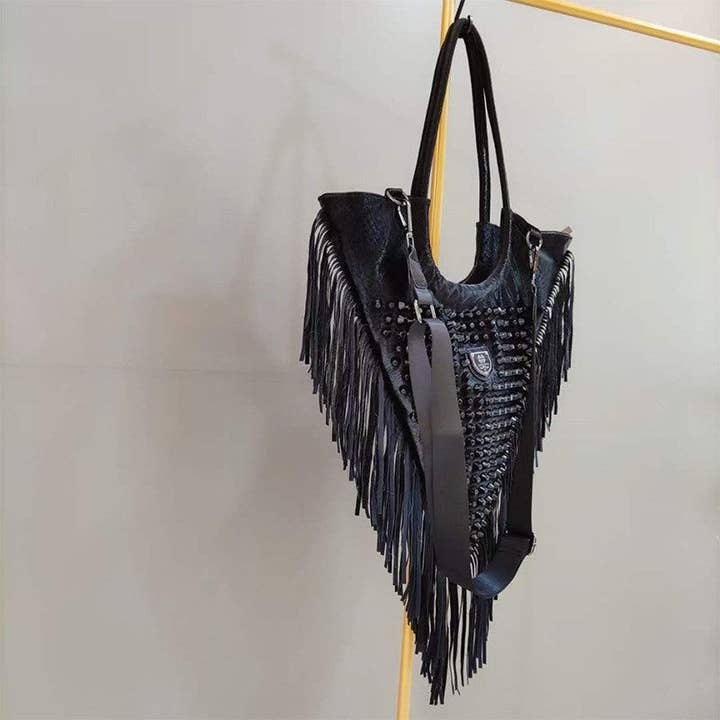 BLACK Triangle Single Shoulder Bag With Rivet Tassel for wholesale on Faire1
