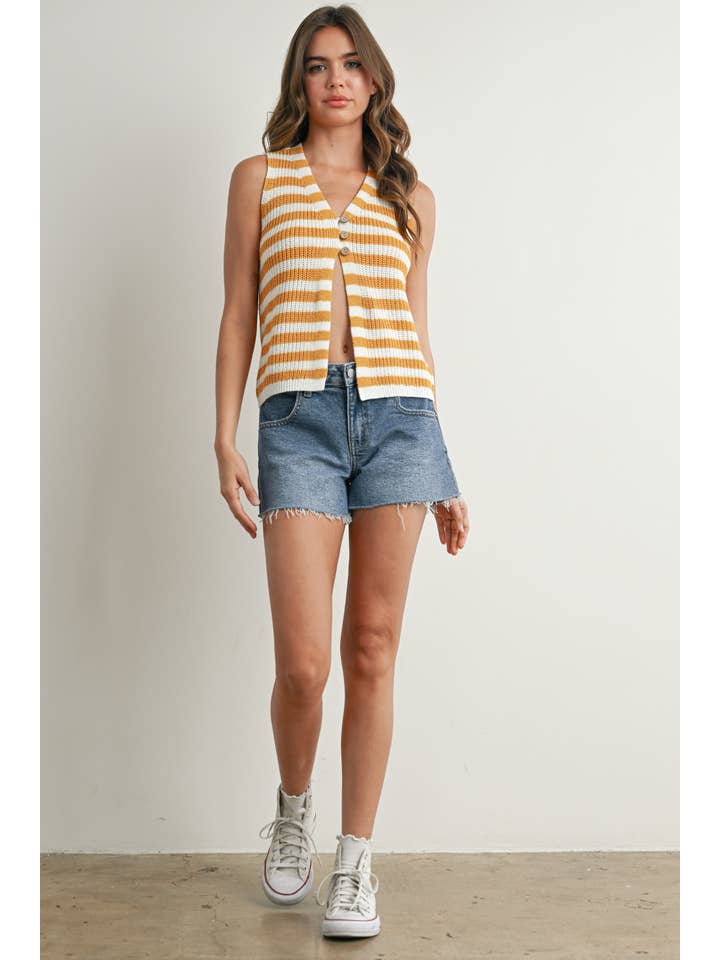 BUTTERMELON - Wholesale Sweater Vest - Women's - Striped Button-Front Sweater Vest - BMW773318