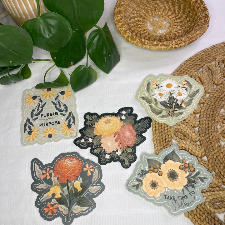 Blooming Shaw - Wholesale Sticker - Magic Blooms- "Take Time to Bloom" Floral & Berries on Deep Sage, 3.5" x 3"3