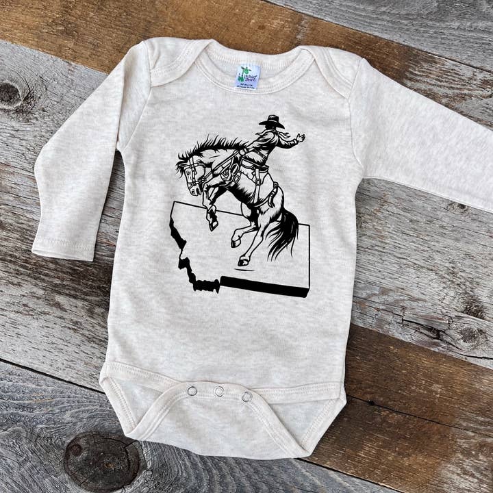 MONTANA BUCKIN' HORSE LONG SLEEVE ONESIE for wholesale by Back Road Designs
