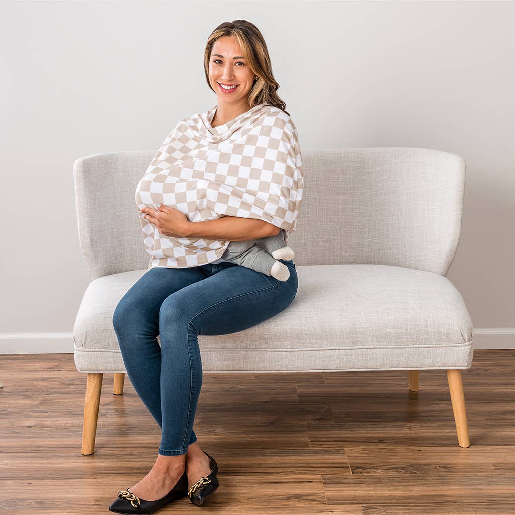 Itzy Ritzy - Wholesale Car Seat Cover - Kids & Baby - *NEW* Taupe Checkerboard Mom Boss™ 4-in-1 multi-use cover5