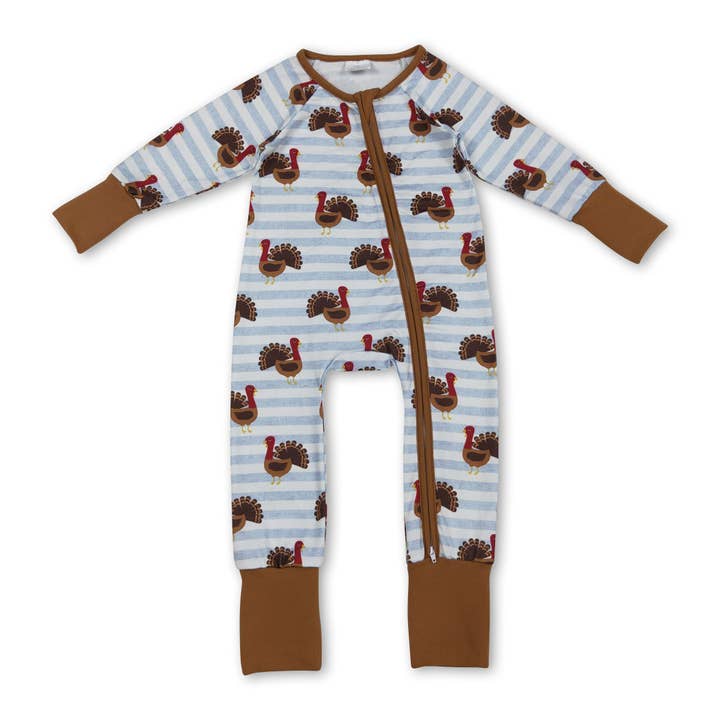 Brown turkey baby boy zipper Thanksgiving romper for wholesale by Yawoo Garments