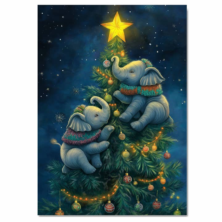 Bébés éléphants avec art de sapin de Noël sur toile roulée à plat pour la vente par Art Paradise Studios