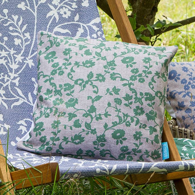Green Meadow Flower Ecru Outdoor Cushion for wholesale by Perkins & Morley