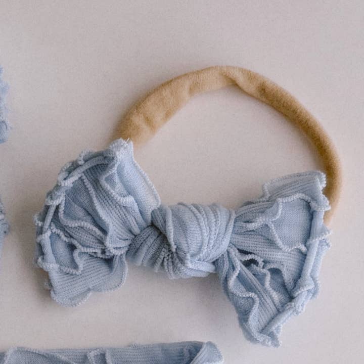 Bloom Headwraps - Wholesale Fashion Headband - Kids - Sky Blue Ruffle BloomCLIPS or Nylon Headband1