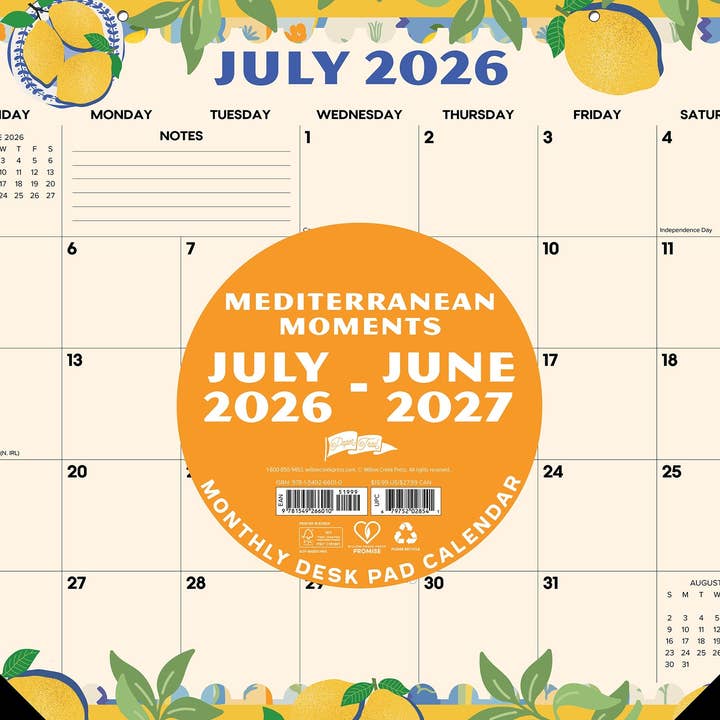 Moments Méditerranéens Année Académique Juillet 2026 - Juin 2027 Calendrier Mensuel de Bureau Grand Format 22" x 17" pour la vente par Willow Creek Press & Gifts