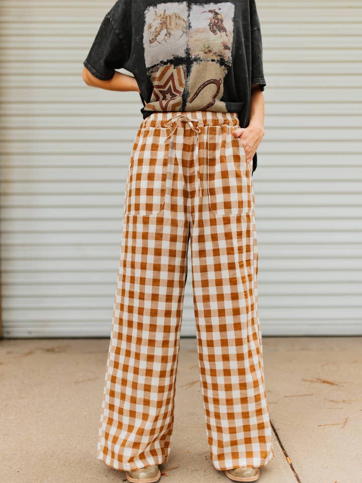 TH2109 BROWN GINGHAM PANT (7 Piece) for wholesale by Turquoise Haven