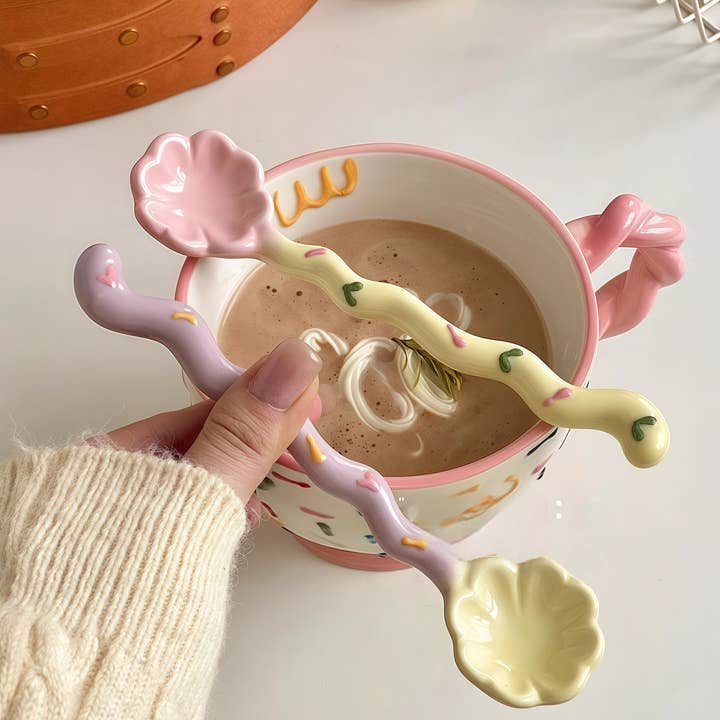 Otterware - Wholesale Table Spoon (Cutlery) - Whimsical Wavy Handle Flower Ceramic Dessert Spoons 4 colors7