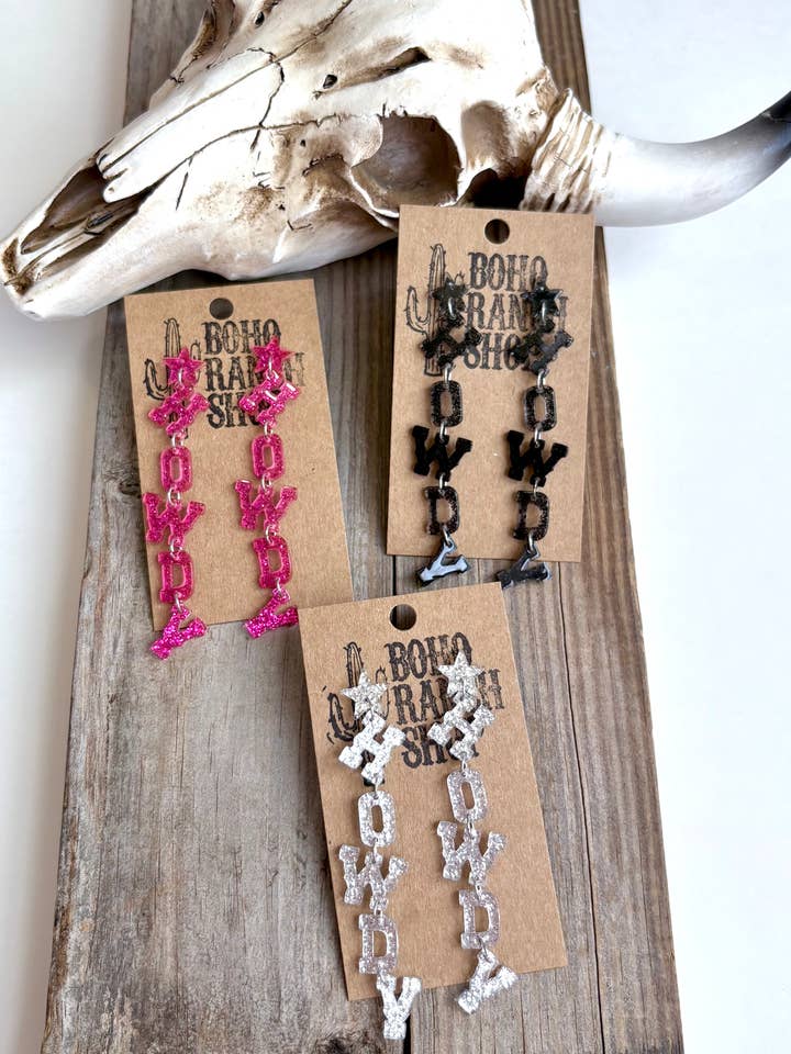 Western Glitter Star and HOWDY Drop Earrings for wholesale by Boho Ranch Shop