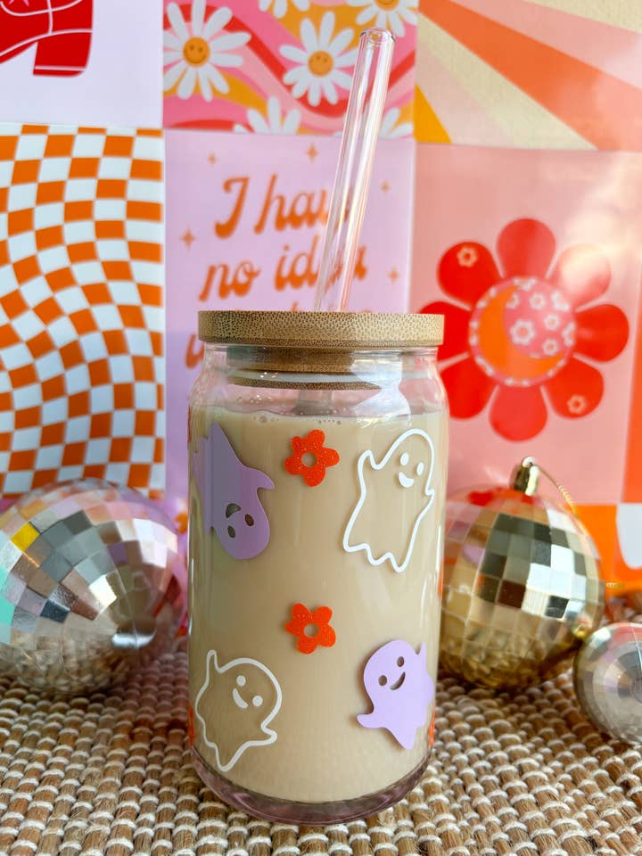 Canette à bière glacée Spooky Halloween Floral Ghost en verre pour la vente par Wild Souls Co